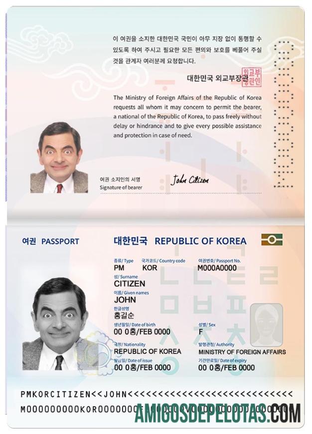 Passaporte da Coreia (presente em 2021) exemplo real
